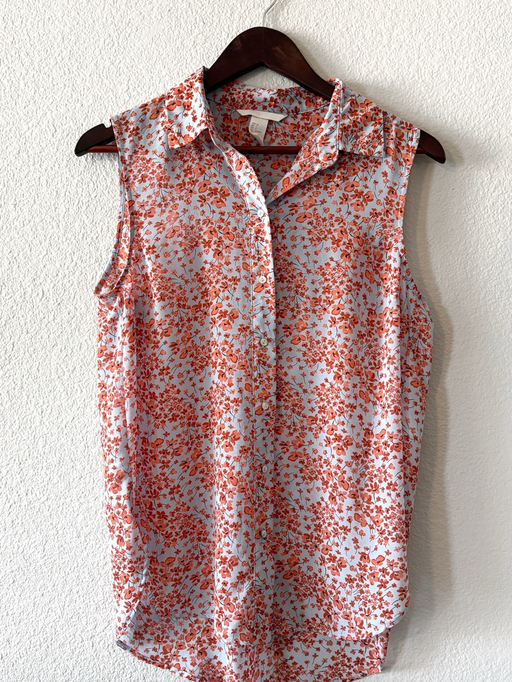 H&M Light Blue Sleeveless Collared Blouse with Orange Floral Print